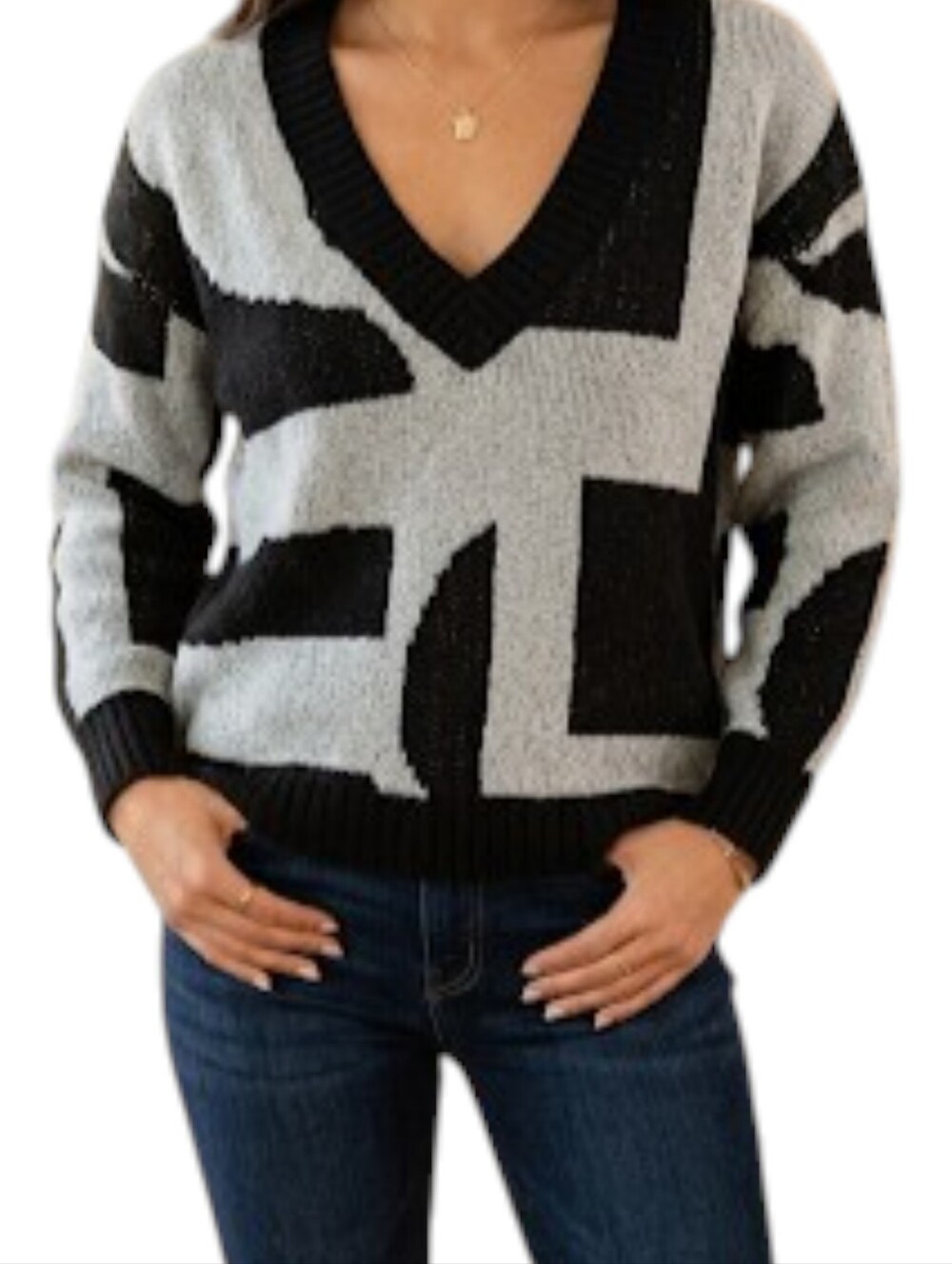 Forever 21 Sweater With Deep V Neck Grey and Black Sz L
